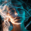An abstract portrait of a figure with closed eyes, enveloped in flowing wisps of light in blue and gold, creating a dreamlike, serene atmosphere.