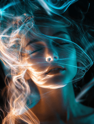 An abstract portrait of a figure with closed eyes, enveloped in flowing wisps of light in blue and gold, creating a dreamlike, serene atmosphere.