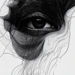 A close-up painting of an eye with intricate flowing lines, emphasizing depth, emotion, and the complexity of human perception.