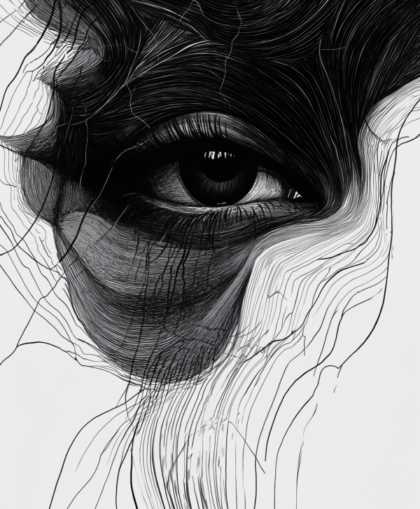 A close-up painting of an eye with intricate flowing lines, emphasizing depth, emotion, and the complexity of human perception.
