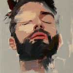 A serene close-up portrait of a man with a beard, featuring soft brushstrokes and a tranquil expression, inviting contemplation on peace and introspection.