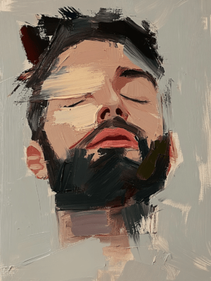A serene close-up portrait of a man with a beard, featuring soft brushstrokes and a tranquil expression, inviting contemplation on peace and introspection.