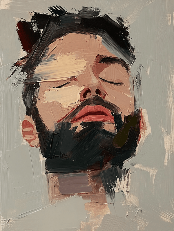 A serene close-up portrait of a man with a beard, featuring soft brushstrokes and a tranquil expression, inviting contemplation on peace and introspection.