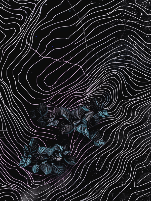 Abstract artwork combining delicate leaf outlines with vibrant colors on a cosmic black background, evoking the connection between nature and the universe.
