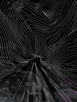 Abstract artwork with flowing white lines on a dark background, suggesting a journey through ethereal pathways and hidden worlds.