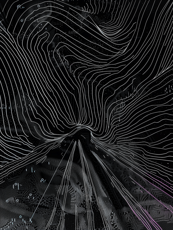 Abstract artwork with flowing white lines on a dark background, suggesting a journey through ethereal pathways and hidden worlds.
