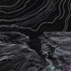 Abstract topographic artwork featuring intricate white contour lines over a dark background, resembling a vast canyon or celestial rift.