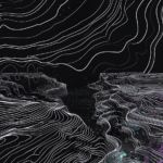 Abstract topographic artwork featuring intricate white contour lines over a dark background, resembling a vast canyon or celestial rift.