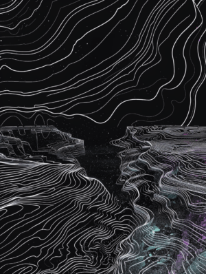Abstract topographic artwork featuring intricate white contour lines over a dark background, resembling a vast canyon or celestial rift.