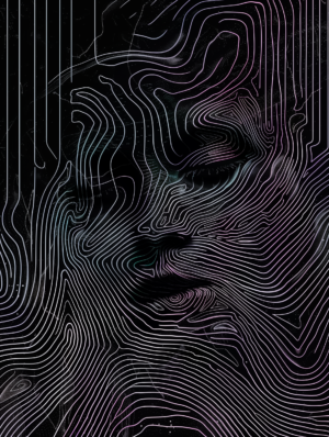 A mesmerizing abstract face formed by intertwining luminous lines against a dark background, evoking themes of perception, consciousness, and individuality.