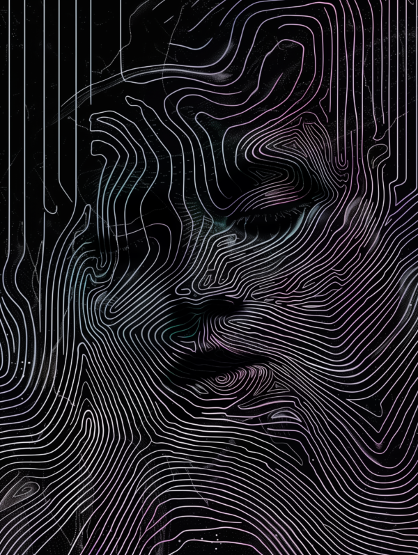 A mesmerizing abstract face formed by intertwining luminous lines against a dark background, evoking themes of perception, consciousness, and individuality.