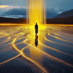 A figure gazes at a vertical beam of golden light, which reflects on the wet surface below, creating intricate patterns that lead to the light source in a tranquil, contemplative landscape.