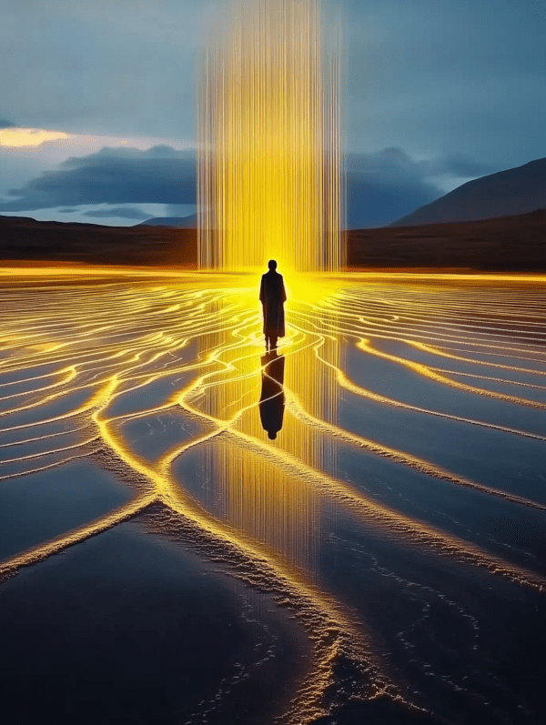 A figure gazes at a vertical beam of golden light, which reflects on the wet surface below, creating intricate patterns that lead to the light source in a tranquil, contemplative landscape.