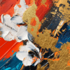 A dynamic artwork with rich reds, deep blues, and shimmering golds, featuring textured brush strokes and delicate white flowers, symbolizing chaos, harmony, and vitality.