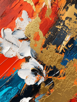 A dynamic artwork with rich reds, deep blues, and shimmering golds, featuring textured brush strokes and delicate white flowers, symbolizing chaos, harmony, and vitality.