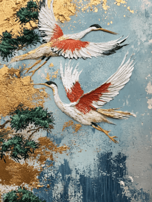 Hand-painted wall art of two cranes in mid-flight, surrounded by vibrant colors and gold leaf accents, symbolizing grace, freedom, and harmony with nature.