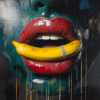 A vibrant pop art painting featuring glossy red lips holding a bright yellow banana against dark teal skin, set against an abstract, colorful background with dynamic textures.