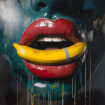 A vibrant pop art painting featuring glossy red lips holding a bright yellow banana against dark teal skin, set against an abstract, colorful background with dynamic textures.