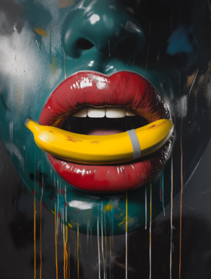 A vibrant pop art painting featuring glossy red lips holding a bright yellow banana against dark teal skin, set against an abstract, colorful background with dynamic textures.