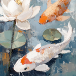 A vibrant painting of koi fish swimming around lily pads and a lotus flower, with dynamic brushstrokes creating a sense of movement and harmony in a tranquil aquatic scene.