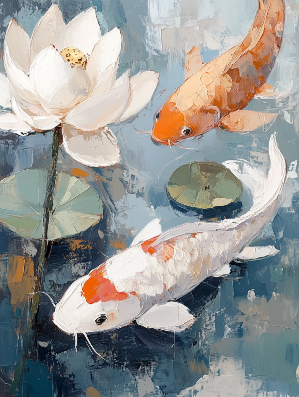 A vibrant painting of koi fish swimming around lily pads and a lotus flower, with dynamic brushstrokes creating a sense of movement and harmony in a tranquil aquatic scene.