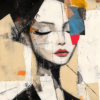 A mixed-media portrait of a figure with closed eyes, featuring bold color blocks and layered textures, symbolizing calm, introspection, and human emotion.