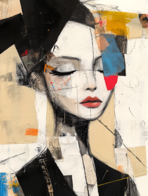 A mixed-media portrait of a figure with closed eyes, featuring bold color blocks and layered textures, symbolizing calm, introspection, and human emotion.