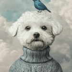 A charming dog wearing a knitted sweater with a blue bird on its head, surrounded by soft clouds, symbolizing warmth, friendship, and the joy of unexpected connections.