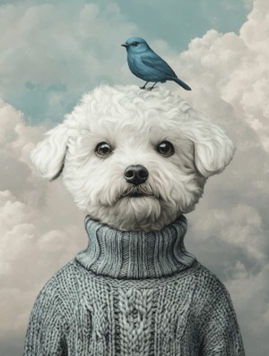 A charming dog wearing a knitted sweater with a blue bird on its head, surrounded by soft clouds, symbolizing warmth, friendship, and the joy of unexpected connections.