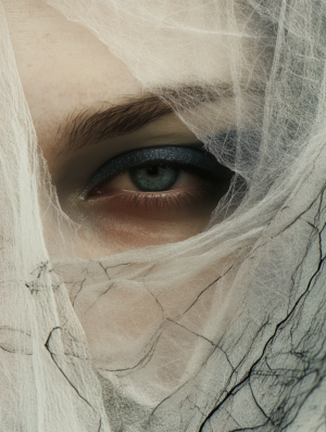 An intimate close-up of a single eye partially veiled by delicate fabric, reflecting emotion and introspection, with soft light and shadow enhancing the mystery of identity.