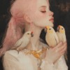 A young woman with soft pink hair gently cradles three birds, her serene expression and delicate brushstrokes creating a peaceful connection with nature against a dark background.