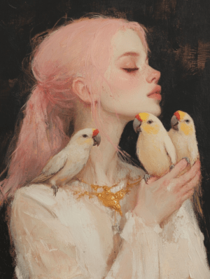 A young woman with soft pink hair gently cradles three birds, her serene expression and delicate brushstrokes creating a peaceful connection with nature against a dark background.