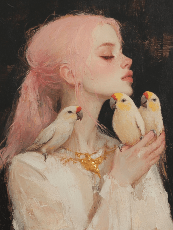 A young woman with soft pink hair gently cradles three birds, her serene expression and delicate brushstrokes creating a peaceful connection with nature against a dark background.