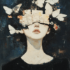A figure with a layered blindfold, surrounded by delicate butterflies, representing transformation and self-discovery against a dark background.