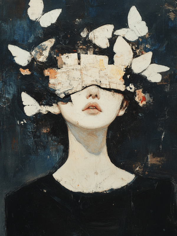 A figure with a layered blindfold, surrounded by delicate butterflies, representing transformation and self-discovery against a dark background.