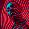 A figure in red and blue lighting, with bold patterns and dynamic shadows, highlights its confident expression against rhythmic lines.