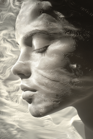 A peaceful profile with flowing lines and soft, monochromatic tones, capturing a sense of movement and stillness, symbolizing calmness and the fleeting nature of life.