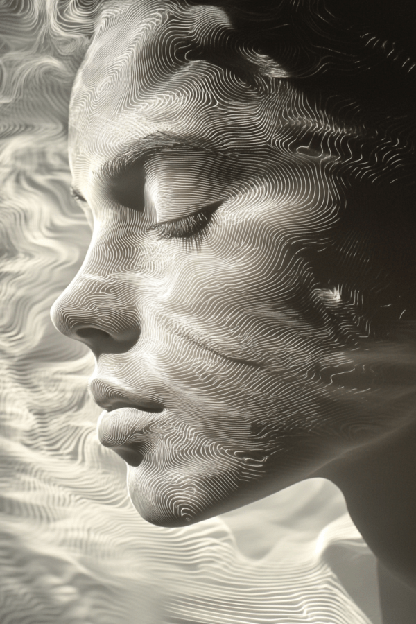 A peaceful profile with flowing lines and soft, monochromatic tones, capturing a sense of movement and stillness, symbolizing calmness and the fleeting nature of life.