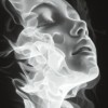A figure with a serene expression surrounded by flowing, translucent forms, suggesting a gentle ebb and flow that mirrors peace, with a monochromatic palette evoking introspection and tranquility.