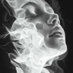 A figure with a serene expression surrounded by flowing, translucent forms, suggesting a gentle ebb and flow that mirrors peace, with a monochromatic palette evoking introspection and tranquility.