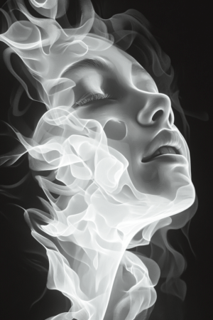 A figure with a serene expression surrounded by flowing, translucent forms, suggesting a gentle ebb and flow that mirrors peace, with a monochromatic palette evoking introspection and tranquility.