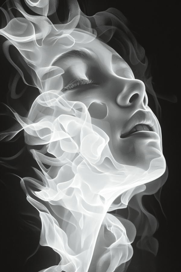 A figure with a serene expression surrounded by flowing, translucent forms, suggesting a gentle ebb and flow that mirrors peace, with a monochromatic palette evoking introspection and tranquility.
