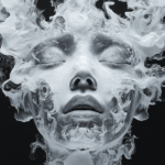 A haunting face emerging from swirling mist, rendered in soft whites and grays, set against a dark background, symbolizing transformation and the transient nature of emotions.