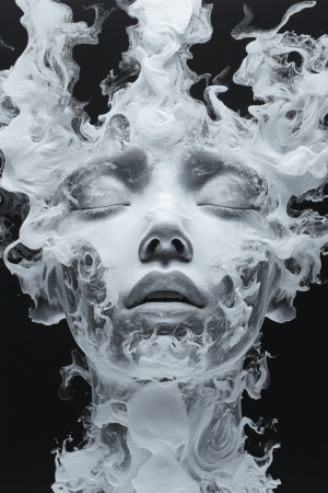 A haunting face emerging from swirling mist, rendered in soft whites and grays, set against a dark background, symbolizing transformation and the transient nature of emotions.