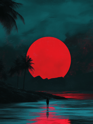 A surreal coastal scene with a vibrant red sun setting against a moody sky, a solitary figure on the water's edge. Palm trees frame the composition, creating a powerful blend of tranquility and drama.