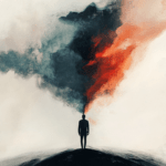 A solitary figure stands on the edge, surrounded by swirling reds and blacks representing the inner chaos of thoughts and emotions, symbolizing the transformative power of the mind amidst darkness and light.
