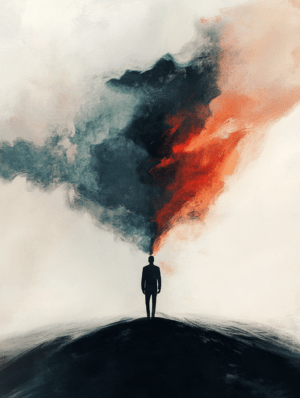 A solitary figure stands on the edge, surrounded by swirling reds and blacks representing the inner chaos of thoughts and emotions, symbolizing the transformative power of the mind amidst darkness and light.