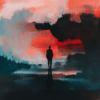 A lone figure walking through a twilight landscape of deep blues and vibrant reds, symbolizing the journey of self-discovery and the contrast between darkness and light.