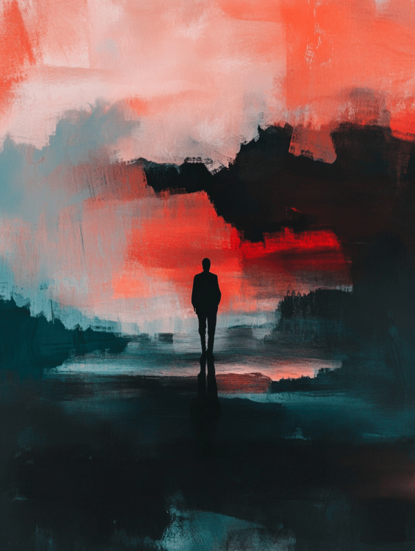 A lone figure walking through a twilight landscape of deep blues and vibrant reds, symbolizing the journey of self-discovery and the contrast between darkness and light.