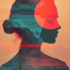 A double exposure artwork of a woman’s profile merging with the ocean, with a red sun and cascading waves, symbolizing the connection between humanity and nature, reflecting passion, vitality, and emotion.